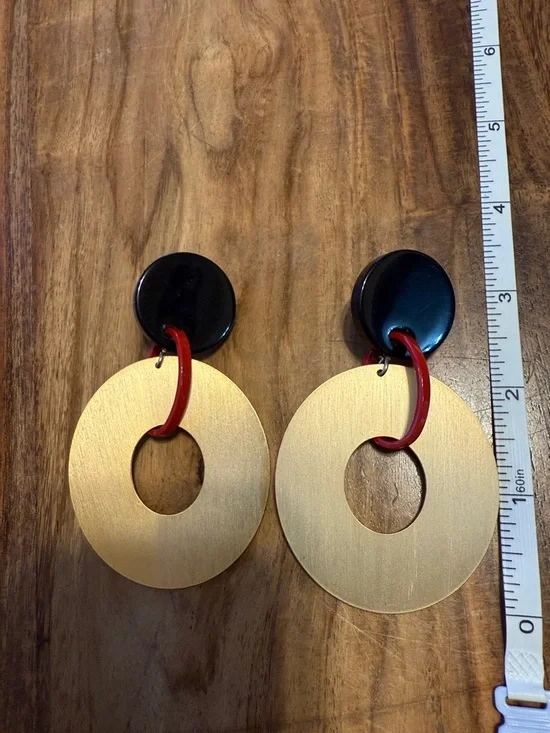Chico’s Bold Gold Disc Drop Earrings with Black & Red Accents - Picture 3 of 3